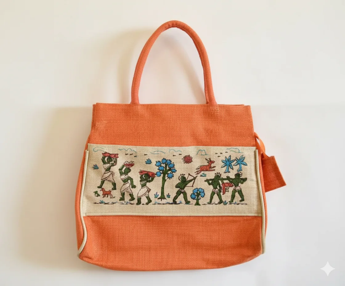 Handcrafted Tribal Art Embroidered Jute Handbag – Orange