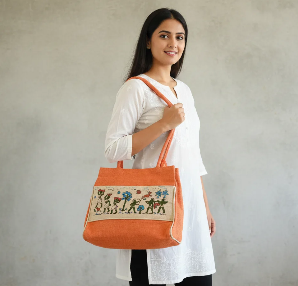 Handcrafted Tribal Art Embroidered Jute Handbag – Orange - Image 2