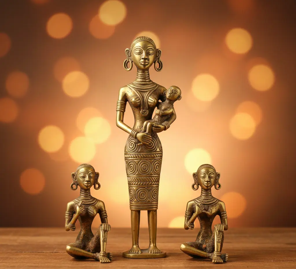 Handcrafted Dhokra Brass Mother & Child Figurine